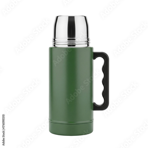 Green travel thermos with handle and steel cup a vacuum flask for hot drinks during camping