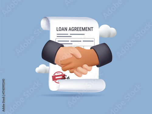 Loan agreement borrow money from bank, mortgage, debt or obligation to pay back interest rate. 3D render vector illustration. Personal loan or financial support concept, businessman shaking hand