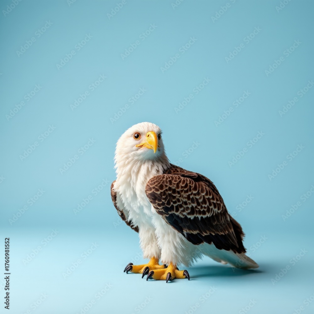 Obraz premium Baby bald eagle up close, set against a blue background, showcasing white head plumage and focused gaze.