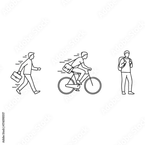 Outlined illustrations depicting a person walking, cycling, and standing with a backpack.