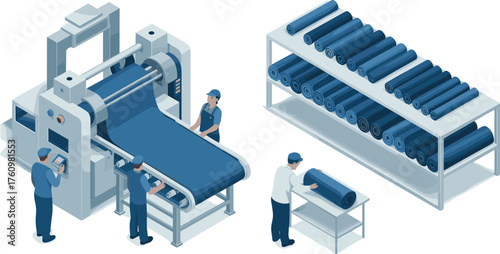 Isometric illustration of textile manufacturing process, factory workers operating fabric rolling machine, industrial production line, modern clothing material factory concept
