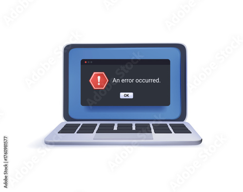 Error message on computer screen. Modern warning messages in black color. Fatal system crash notification. Computer outage, error or failure causing by software update mistake, 3D render vector