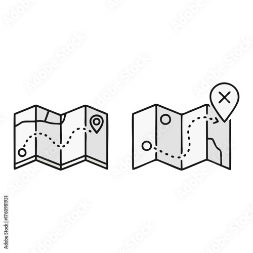 Two stylized maps showing a route with markers and destination point icons.