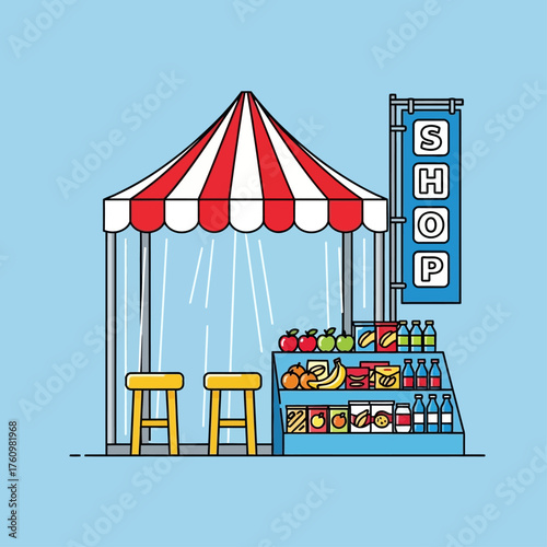 A charming cartoon illustration of a small outdoor shop or market stall with a striped canopy, offering fresh fruits, snacks, and bottled drinks.