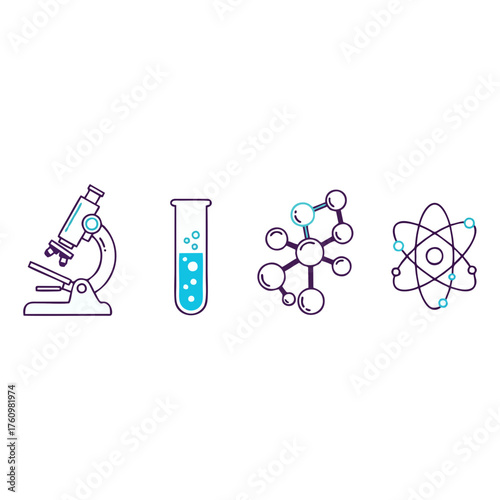 Illustration of a microscope, test tube with liquid, molecule, and atom, representing scientific concepts.