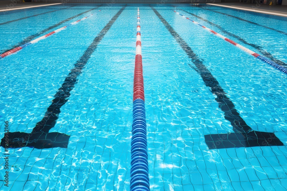 Obraz premium Captivating indoor swimming pool with vibrant blue water highlighted by colorful lane markers creating a sense of dynamic movement and restful ambiance captured with clarity