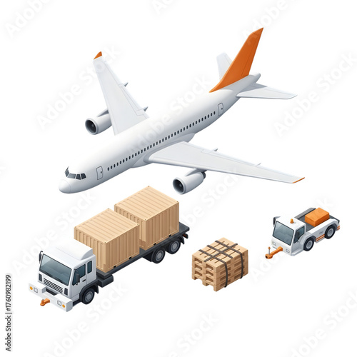 Isometric illustration of air cargo logistics featuring an airplane, truck, cargo containers, and a tow tractor.