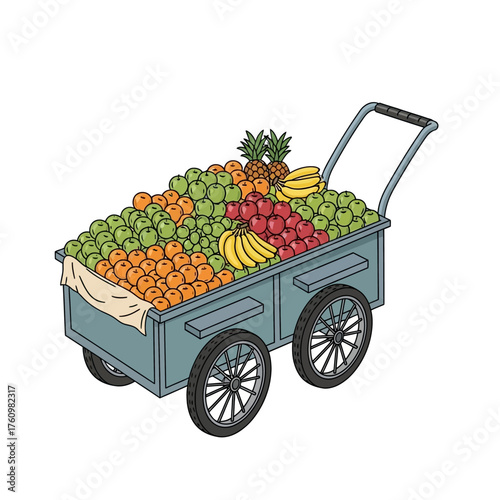 A pushcart filled with a variety of fresh fruits like apples, oranges, bananas, and pineapples.