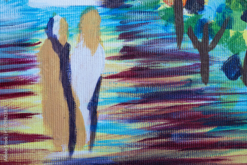 Abstract painting of two people walking in a colorful landscape
