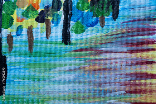Impressionist painting of colorful trees on canvas
