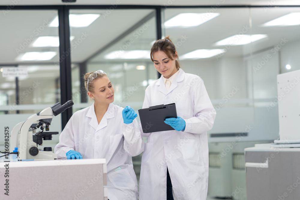 Fototapeta premium Two scientists collaborating in a modern laboratory while analyzing results on a digital tablet