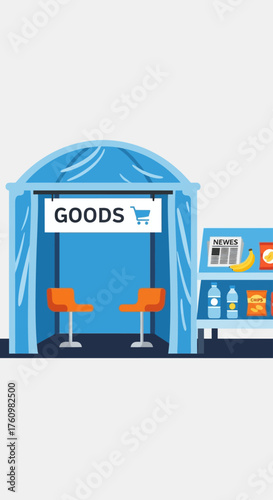 A blue stall with a sign that says 'GOODS' and two orange stools inside, next to a shelf stocked with various items.