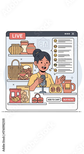 A woman hosts a live online shopping stream, showcasing various handcrafted goods and products to viewers, with an e-commerce interface.