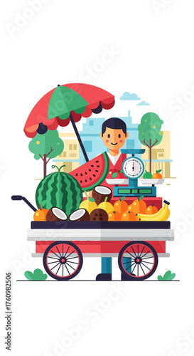 Illustration of a fruit vendor with a cart full of fruits.