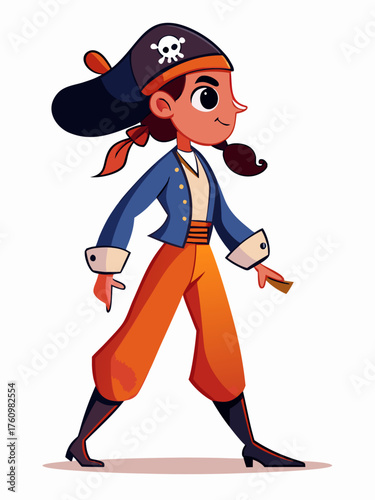 Whimsical Pirate Girl Illustration with Colorful Ensemble and Skull Bandana