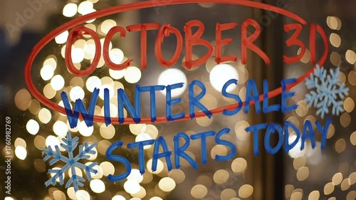 Winter sale announcement in window with bokeh lights and snowflakes, inviting shoppers to a seasonal discount event.