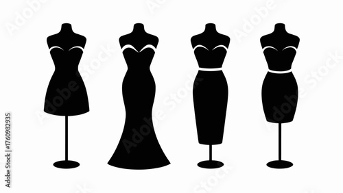 Elegant Dress Silhouettes on Mannequins for Fashion Design and Retail Black and White Minimalist Style Templates and Fashion Industry Visuals
