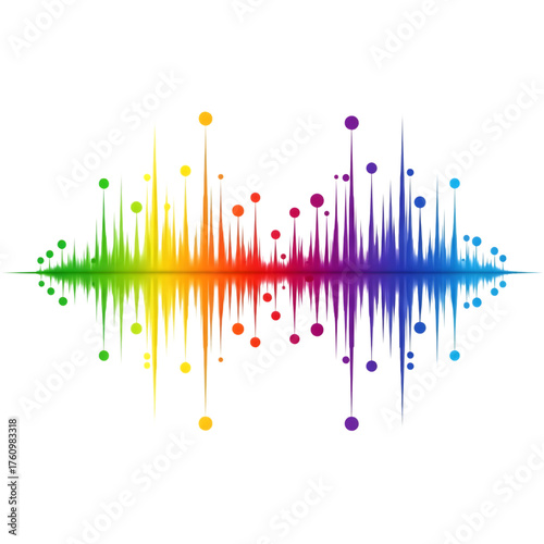 Colorful sound wave illustration with rainbow spectrum and dots on white background.