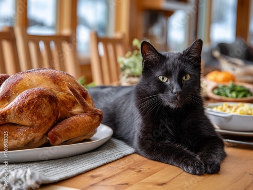A black cat sitting on a wooden dining table beside a roasted turkey in a cozy home interior