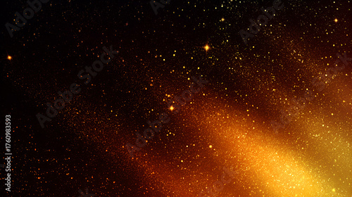 Golden stardust and shimmering particles drift through a dark cosmic expanse illuminated by a warm glow