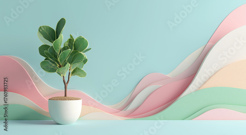3d render of a green plant in a white pot on a light blue background with pastel pink and mint,