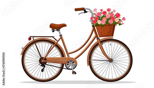 Brown bicycle with wicker basket overflowing with vibrant pink flowers