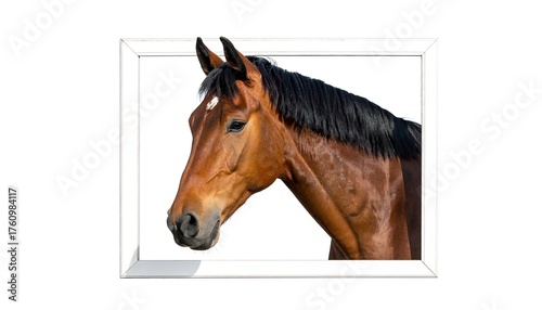 Brown horse head portrait with a white framed border