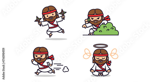Cartoon Ninja Jesus Character Set Action Poses and Serene Meditation