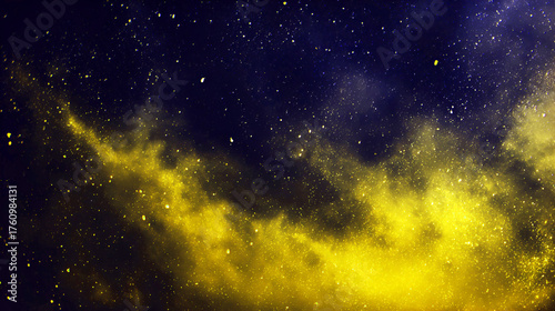 A luminous golden nebula drifts through a vast expanse of deep space illuminating a field of countless stars