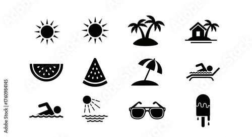 Summer Vacation Icons Sun, Beach, Swimming, and Refreshments