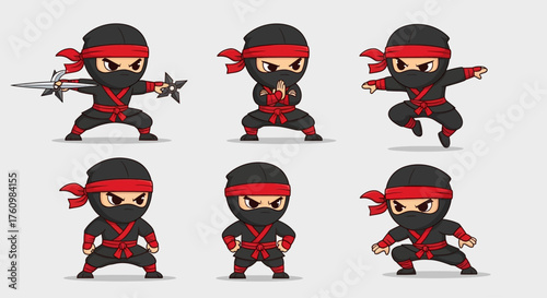 Set of Six Cute Cartoon Ninjas in Various Dynamic Poses, Featuring Black Outfits with Red Accents and Masks