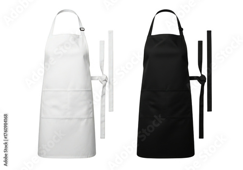 Two full length aprons one white and one black isolated on transparent background