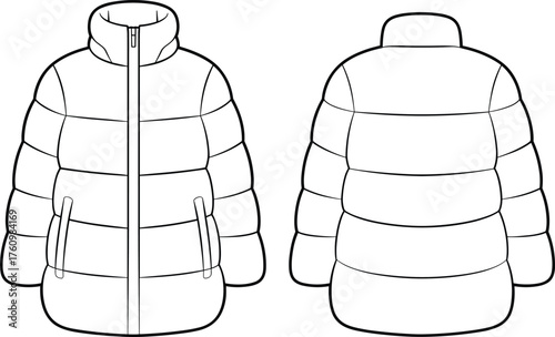 Technical flat sketch of padded puffer jacket with zipper front and high collar, winter outerwear fashion design illustration template