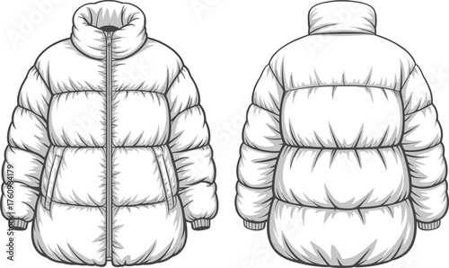 Technical flat sketch of padded puffer jacket with zipper front and high collar, winter outerwear fashion design illustration template