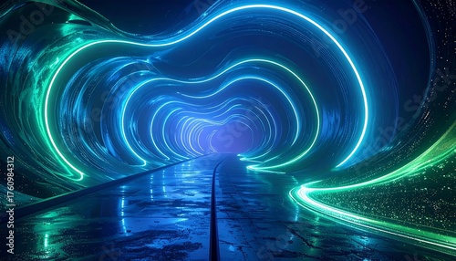 Abstract Neon Tunnel with Blue and Green Lights.