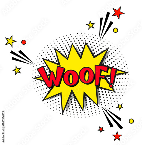 Comic lettering woof. Vector bright cartoon illustration in retro pop art style. Comic text sound effects. EPS 10.