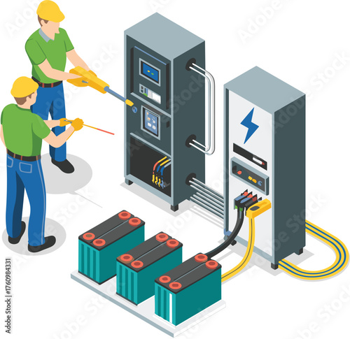 Two electrical engineers performing maintenance on industrial power control system with battery backup, energy distribution cabinet, and safety equipment