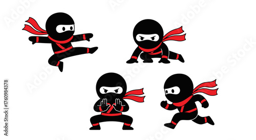 Collection of stylized cartoon ninjas in various action poses, suitable for game assets or graphic design elements