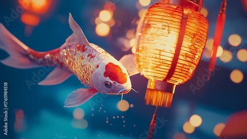 A beautifully illuminated koi fish gracefully swimming near a glowing lantern during a festival