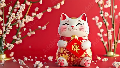 A delightful ceramic cat figurine, exuding joy, stands against a festive red background, signifying luck and fortune