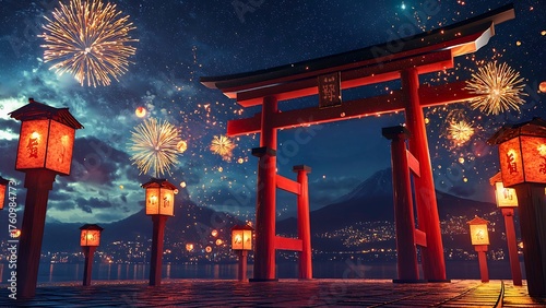 Festive night scene with fireworks display and traditional Japanese arch. Illuminated by lanterns, setting the mood.