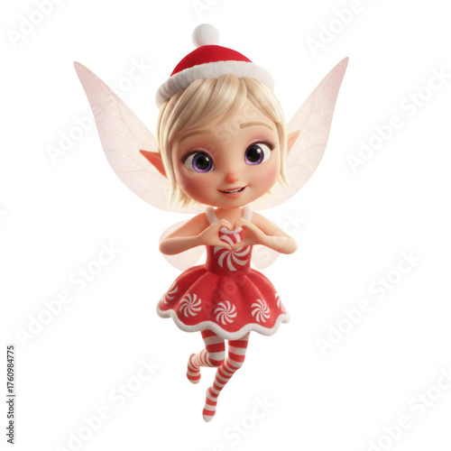 Adorable Christmas Peppermint fairy with Santa hat making a heart shape. Perfect for holiday greetings, children's books, and festive promotions with a touch of magic