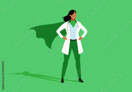 Superhero Doctor Woman Silhouette with Cape and Stethoscope