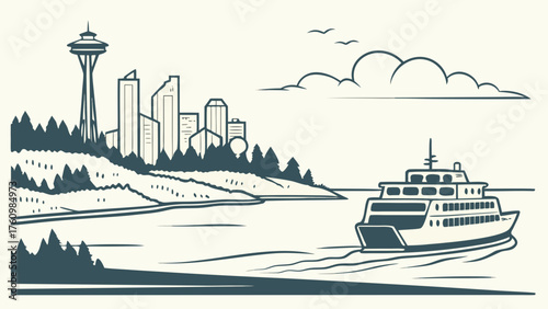 Minimal vector of Bainbridge Island ferry and skyline view
