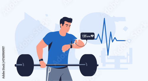 Athletic man lifting weights while monitoring heart rate with fitness tracker illustration