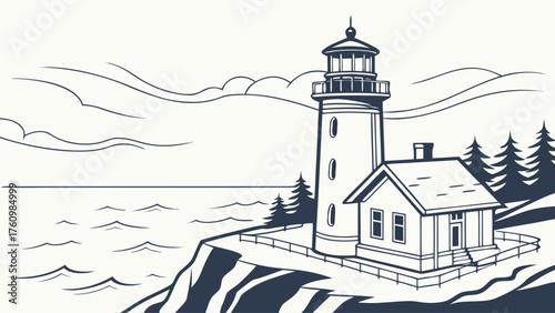 Minimal vector of Cape Flattery lighthouse at ocean edge
