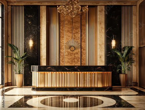 Luxurious hotel lobby with elegant marble flooring, gold accents, and decorative plants, creating sophisticated and welcoming atmosphere