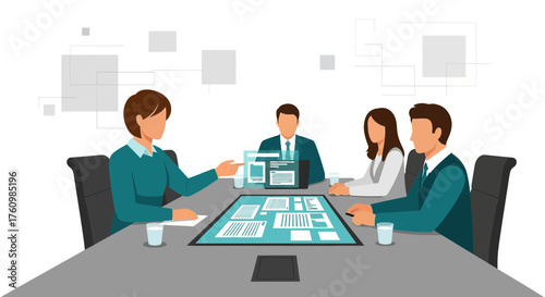 Business team collaborating around a modern interactive table for project discussion and planning