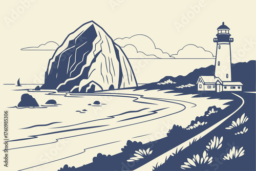 Flat design of Cannon Beach with Haystack Rock minimal style

