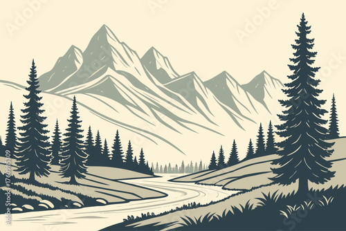 Flat design of Bitterroot mountain valley minimal art
